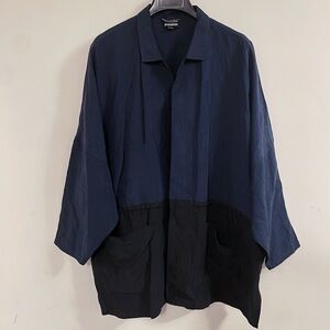 Ronaldus Shamask Bi-Color Navy Black Drop Shoulder Silk Linen Jacket Italy